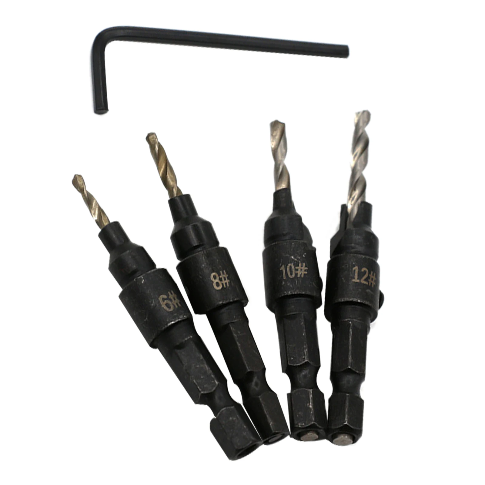 

4pcs Hexagon Shank Woodworking Countersunk Drill Hole Opener Set Screw Cap Countersunk Drill Bit 6#, 8#, 10#, 12#
