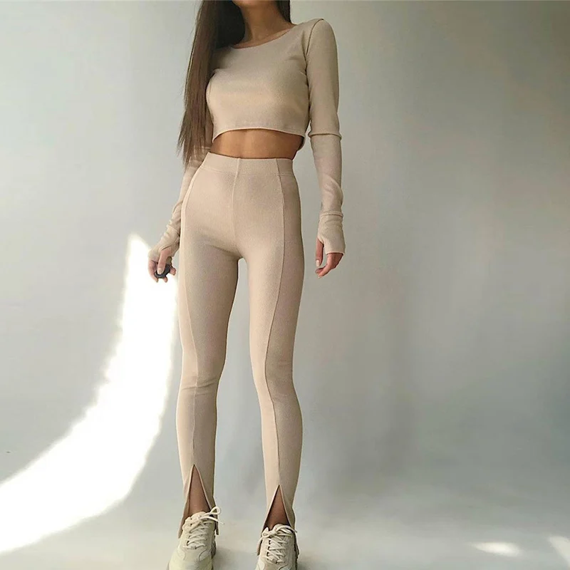 

Women Knitted Skinny Set Solid Long Sleeve Tops Legging Split Pants Suits Spring Autumn Bodycon Tracksuits Fitness Two Piece Set