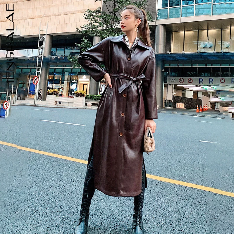 

SHENGPALAE Solid Color Streetwear PU Leather Trench Coat Women's Autumn 2021 New Laple Loose Sing Braested Long Sleeve Overcoat