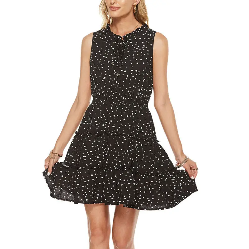 

Women's Dresses Casual Polka Dot Print Summer Sundress Holiday Beach Sleeveless Lace-up Women's Dress Vestido Feminino