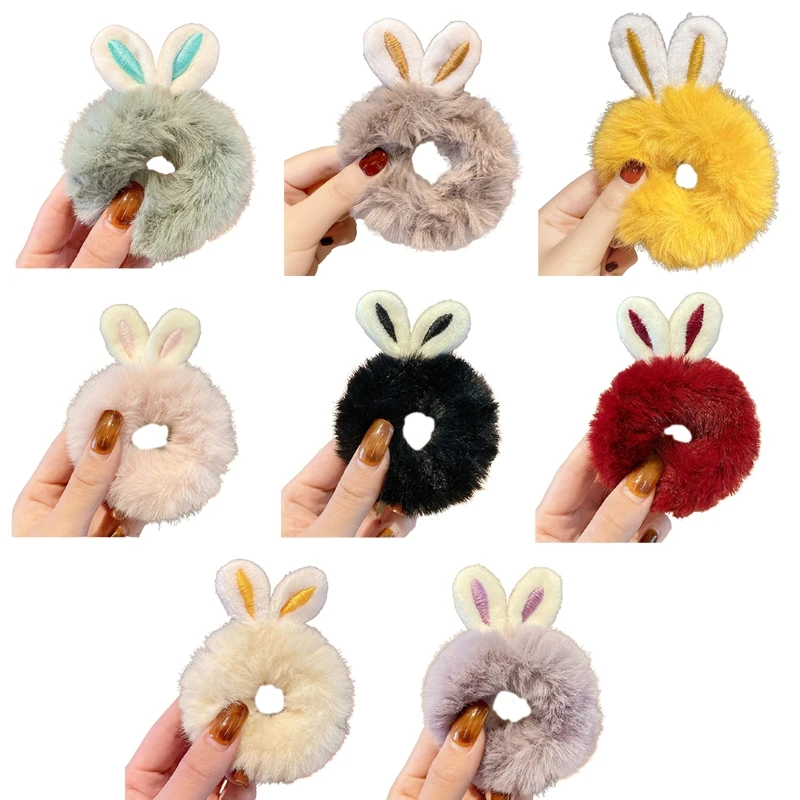 

C6UD Cartoon Animal Hair Ties Furry Ponytail Holder Lovely Elastic Rabbit Ears Hair Scrunchies Bunny Ears Hair Bands