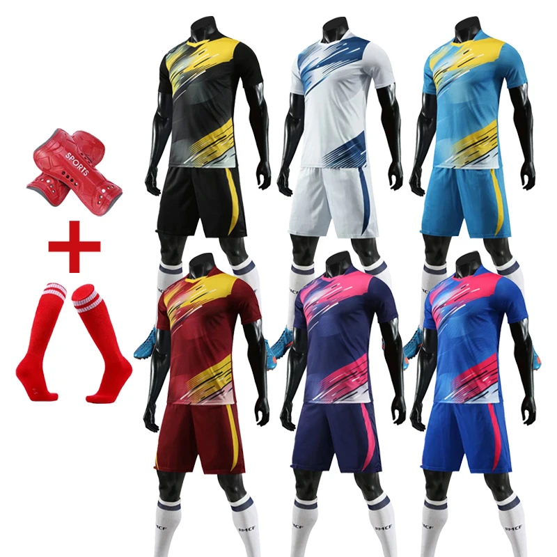Soccer Jersey Set with socks+Shin guards custom Adult Kids survetement Football Kit uniforms Futbol Training Shirts Short Suit