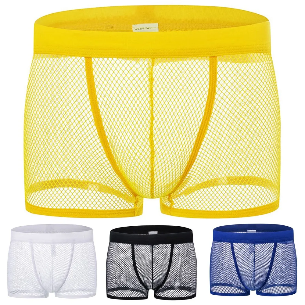 

Hollow Men's Boxer Briefs Summer Fashion Hollow Out Underwear Solid Color Breathtable Mesh Transparent Low Rise Panties 2021