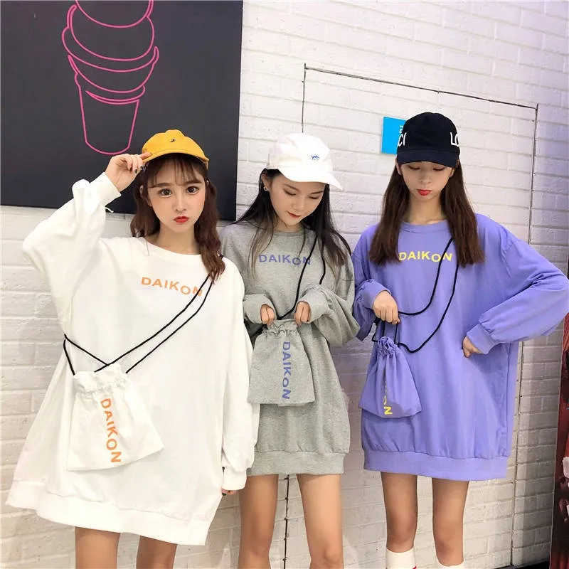 Корейская Футболка harajuku с длинным рукавом женская футболка сумкой кавайная