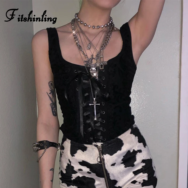 Женские майки с кружевным подолом Fitshinling готические топы металлическими
