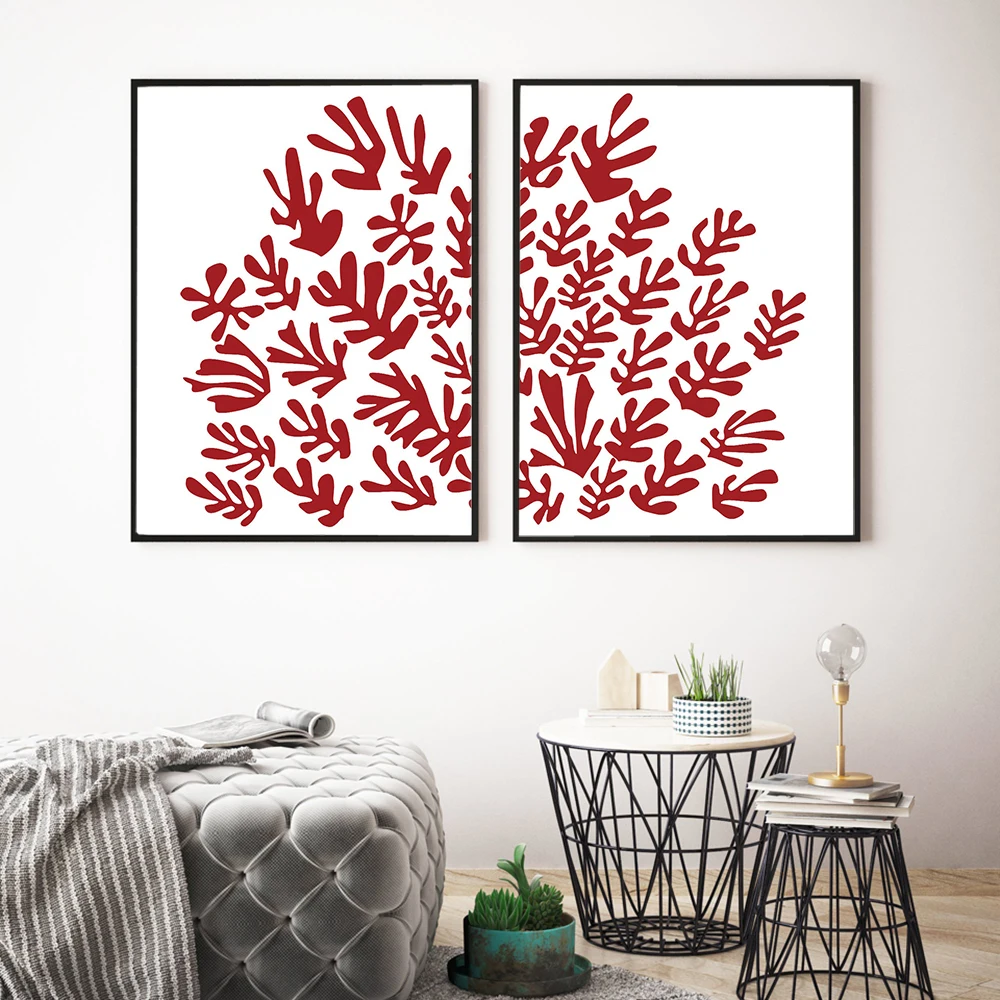 

Matisse Inspired Cutout Red Exhibition Print Pictures Coral Leaves Canvas Painting Poster Wall Art Gallery Bedroom Nordic Decor