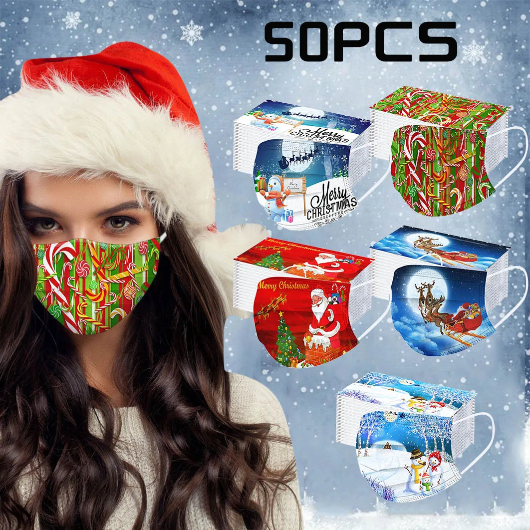 

50 Pcs Multicolor Adult Disposable Christmas Pattern Print Face Masks Non-woven Melt Blown 3-layer Earloop Masks Mascarilas
