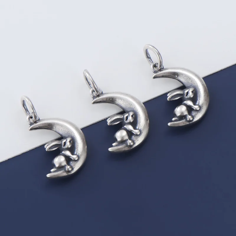

925 Sterling Silver Matte Craftwrok Moon Rabbit Necklace Charms S925 Silver Fancy Women Decoration Pendants DIY Jewelry Findings