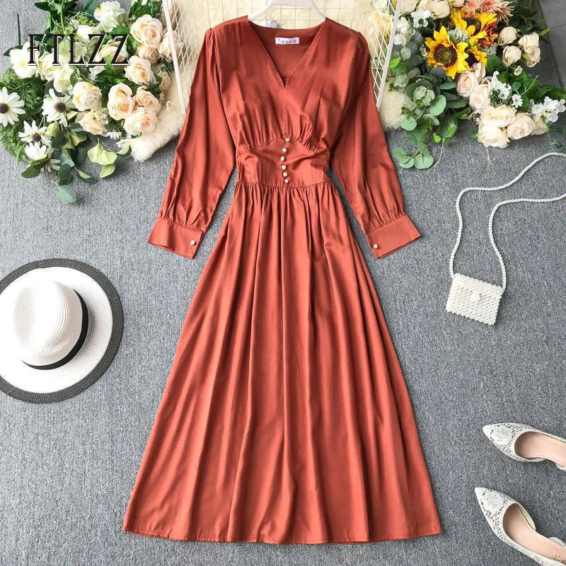 2019 Новое весенне осеннее винтажное платье женское тонкое с длинным рукавом v