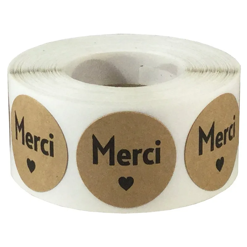 

500Pcs Natural Kraft Round Merci French Thank You Stickers Seal Label for Wedding Party Card Gift Box Package Stationery Sticker