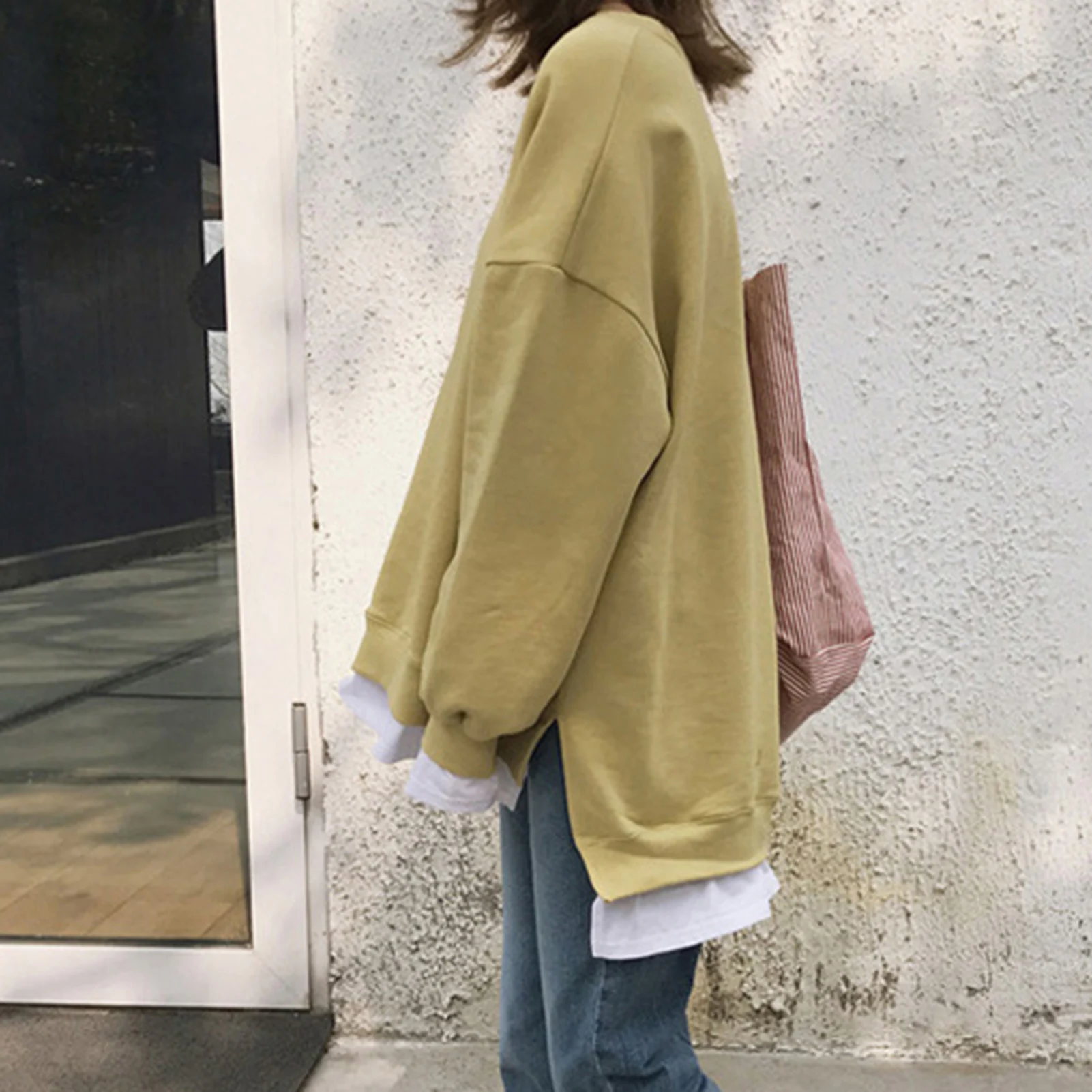 Hoodies oversized Women Pullovers Autumn Long Sleeve Fake Two Piece Plush Sweatshirt Split Hem Blouse Top ropa de mujer 2020
