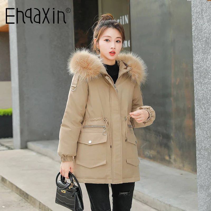 EHQAXIN Women's Winter Jacket Fashion Loose Hooded Mid-Length Parker Cotton Jacket Thicken Warm Cotton Jacket For Ladies L-3XL