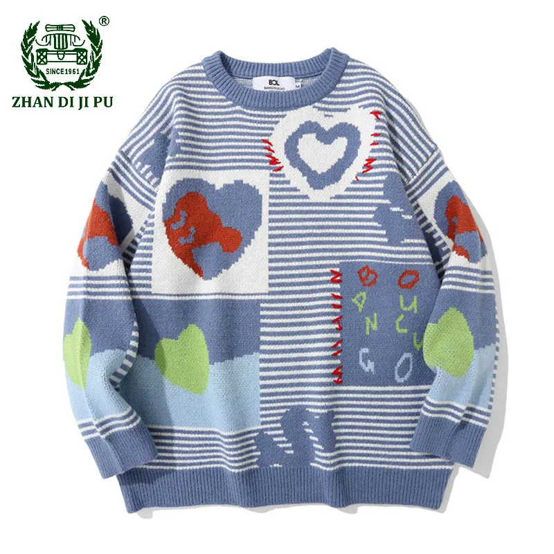 

Harajuku Love Patchwork Striped Knitted Sweaters Mens Hip Hop Casual Round Neck Long Sleeve Sweater Pullover Couples Streetwear