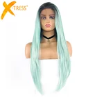 Длинный прямой синтетический парик с кружевом спереди и X-TRESS для волос младенца, зеленый цвет, цвет Омбре, 13x4 дюйма, модный парик для черных женщин