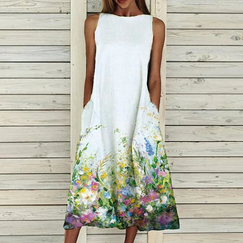 

Vintage Floral Print Maxi Dress Women Sleeveless O-Neck Long Dress 2021 Summer Lady Loose Sundress Elegant Female Party Dresses