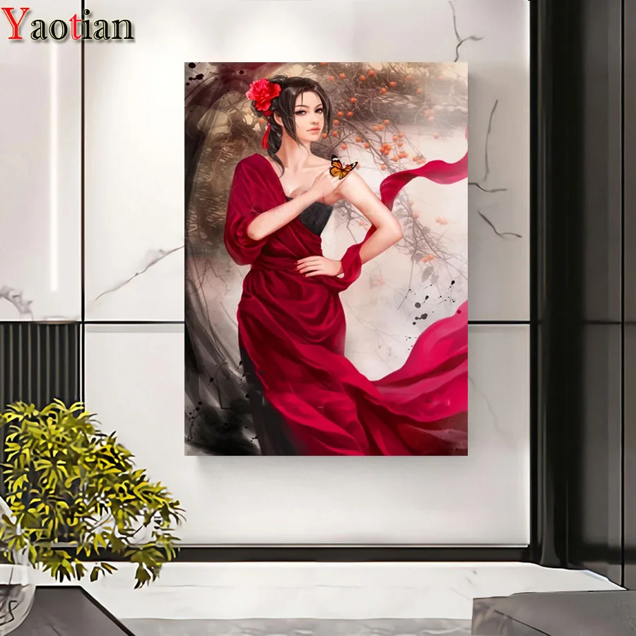 

Камни в форме ромба/круглый дрель 5D Diy алмазная живопись красное платье с красивыми цветами Вышивка крестом мозаика 5D домашний декор