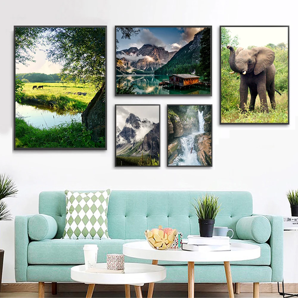 Холст плакат озеро пейзаж живопись скандинавский стены Искусство Слон