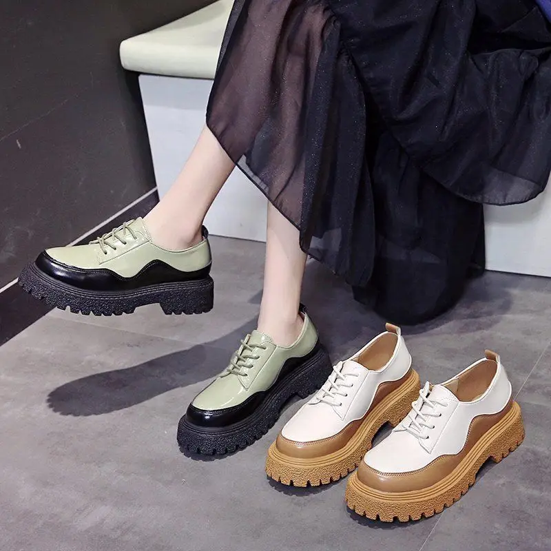 

2021 Spring Summer Sneakers Women Thick Bottom luxury Thick Bottom Round Toe Breathing Leisure Female soft leather Shoes