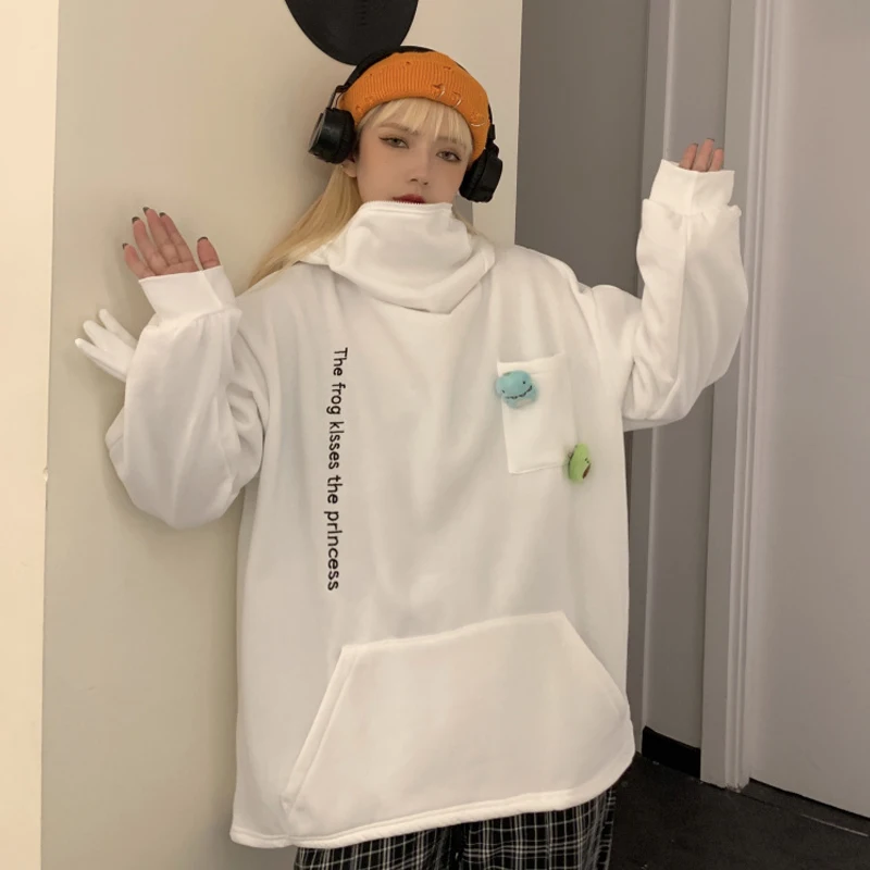 

Harajuku Women Hoodie Frog Pullover Winter Sense Hooded Casual Sweatshirts Autumn Embroidery Loose Top Doll Decoration Hoodies