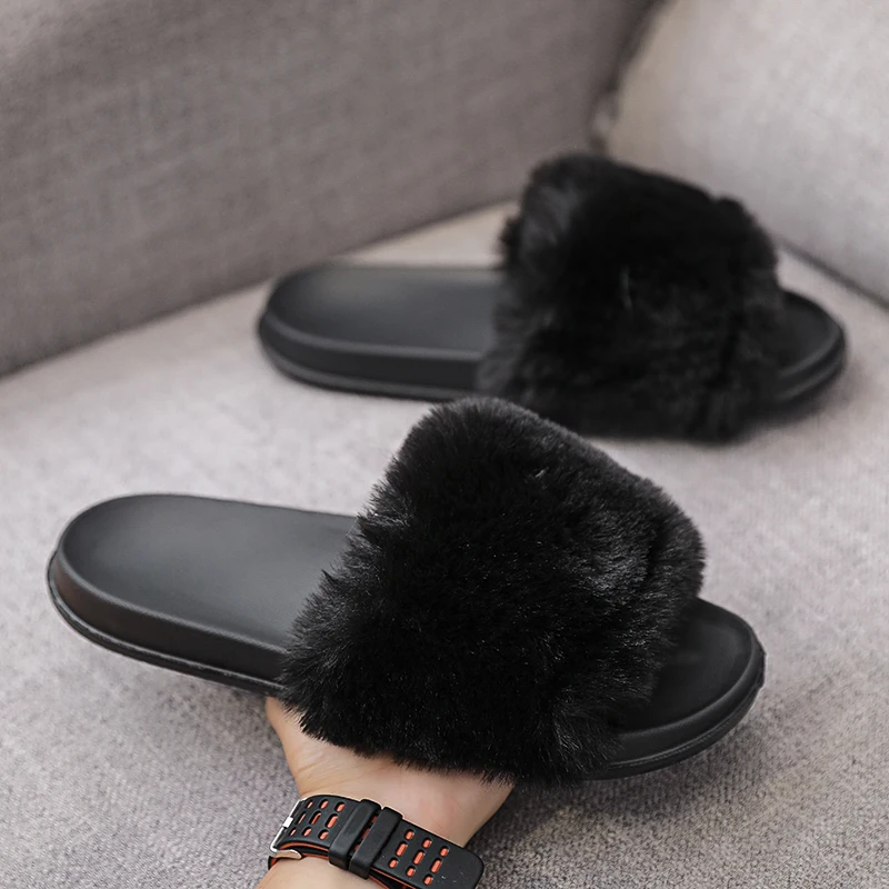 

2020 Fur Slides for Women Warm Home Sandals Fluffy Slippers Female Footwear Ladies Shoes Plush Bedroom Slippers Chausson Femme