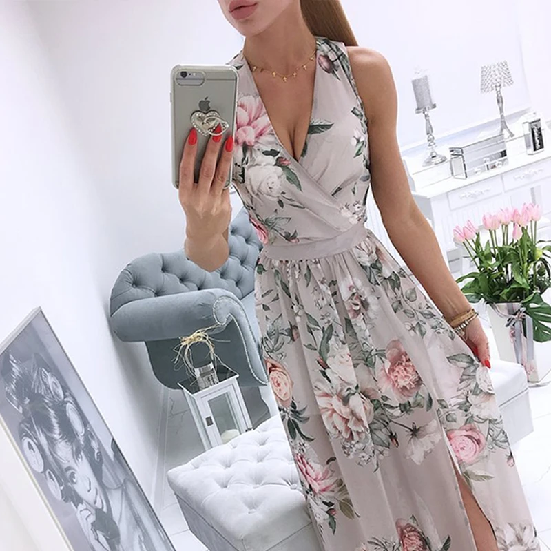 

Women Summer Sexy Dress 2021 New Vintage Sleeveless V Neck Floral Print Boho Beach Dresses White Elegant Long Maxi Sundress Robe