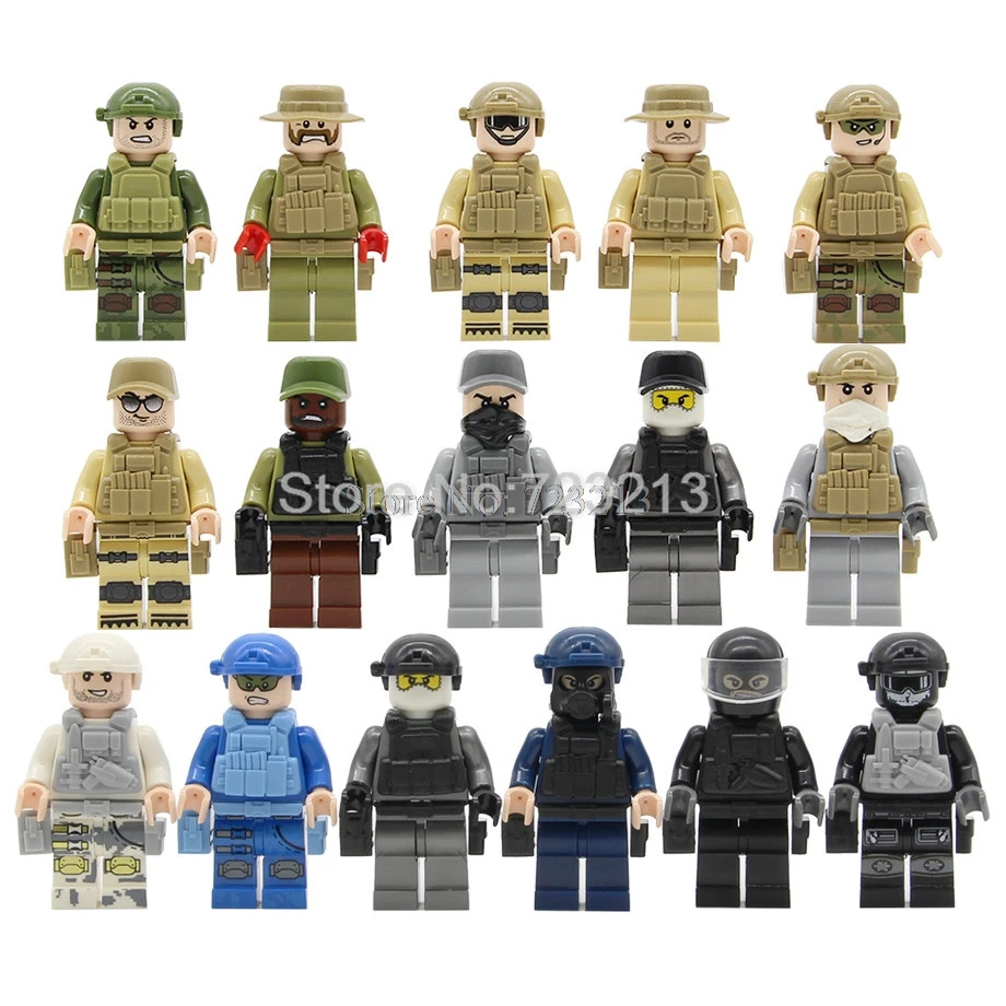 16pcs Military 8 шт./16 шт., городской Набор фигурок, полицейский строительный работник, МОС, занятие, спецназ, строительные блоки, наборы, модели, набор кирпичей, обучающие игрушки - Цвет: 16pcs Military