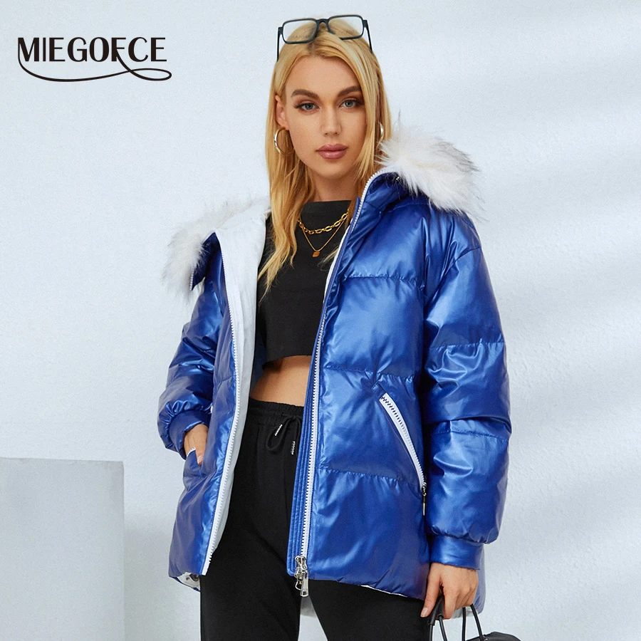 MIEGOFCE 2021 Новая Коллекция Осень Зима женская куртка средней длины Яркие цвета Капюшон с Искусственный Мехом пальто женское зима и Высоким воротом Дизайн кармана очень удобен парка зимняя D21520 - изображение