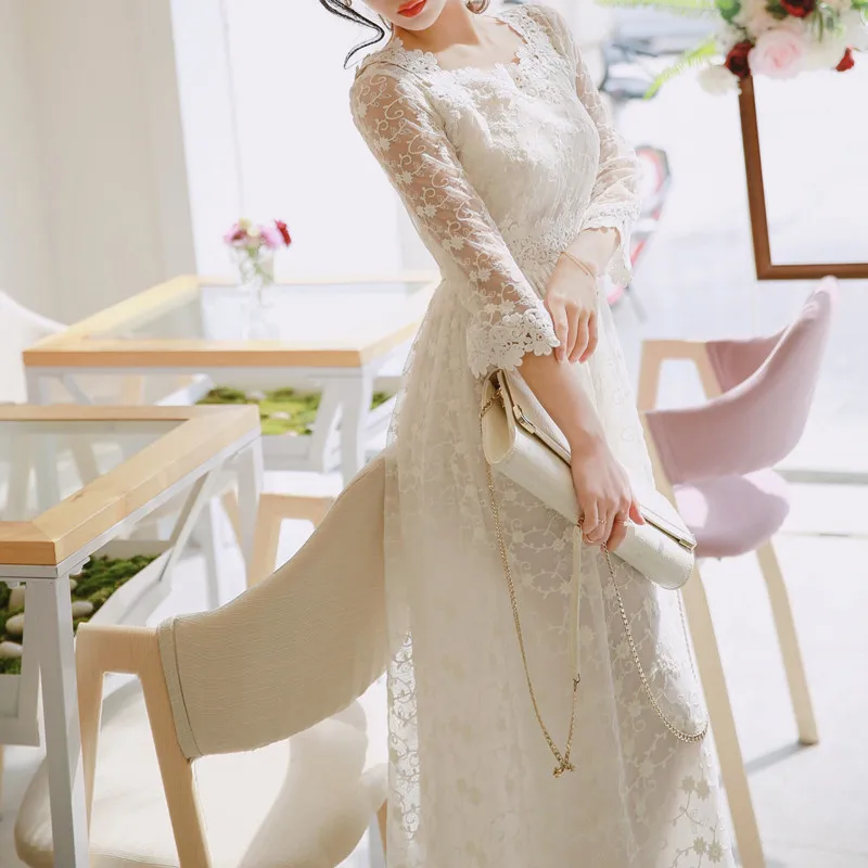 Высокое качество Новое Женское платье семь четверти рукав шифоновое Кружевное