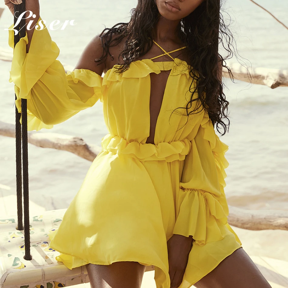 Женское платье с лямкой вокруг шеи желтое или розовое трапеция оборками