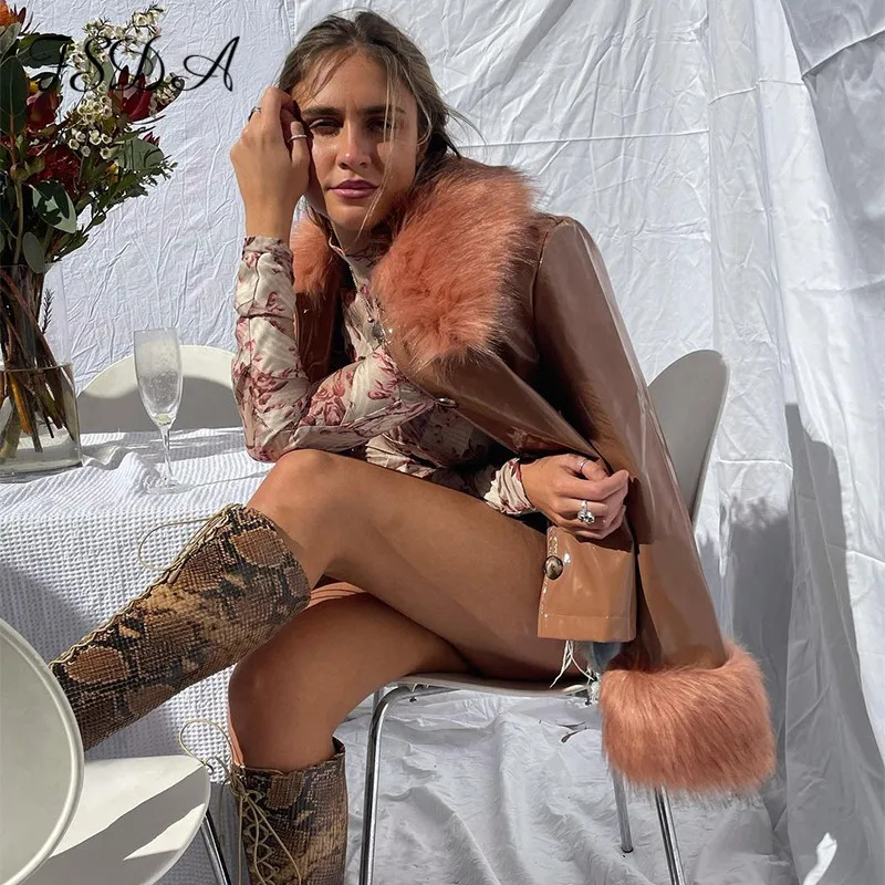 Куртка женская из ПУ кожи с отложным воротником и длинным рукавом | Женская