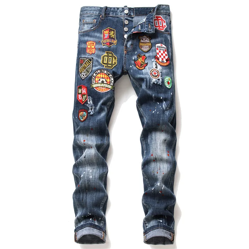 

Jeans Stretch Badge Ripped European Station Handmade Men Jeans