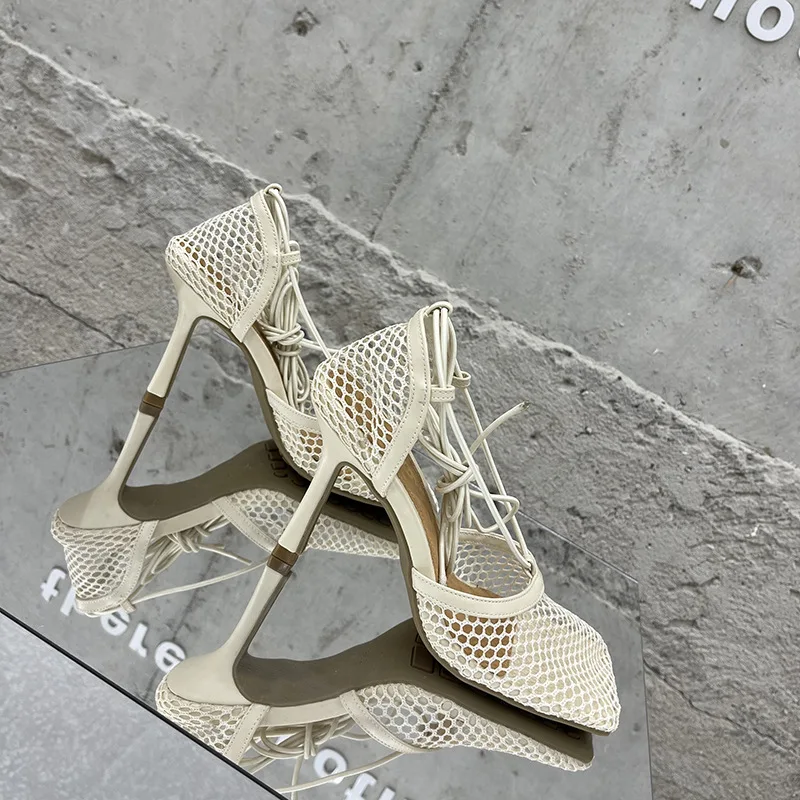 

High Heel Sandal for Women Square Toe Female Shoe Breathable High-heeled Fashion Comfort Lace Up Girls Stiletto Beige Laces