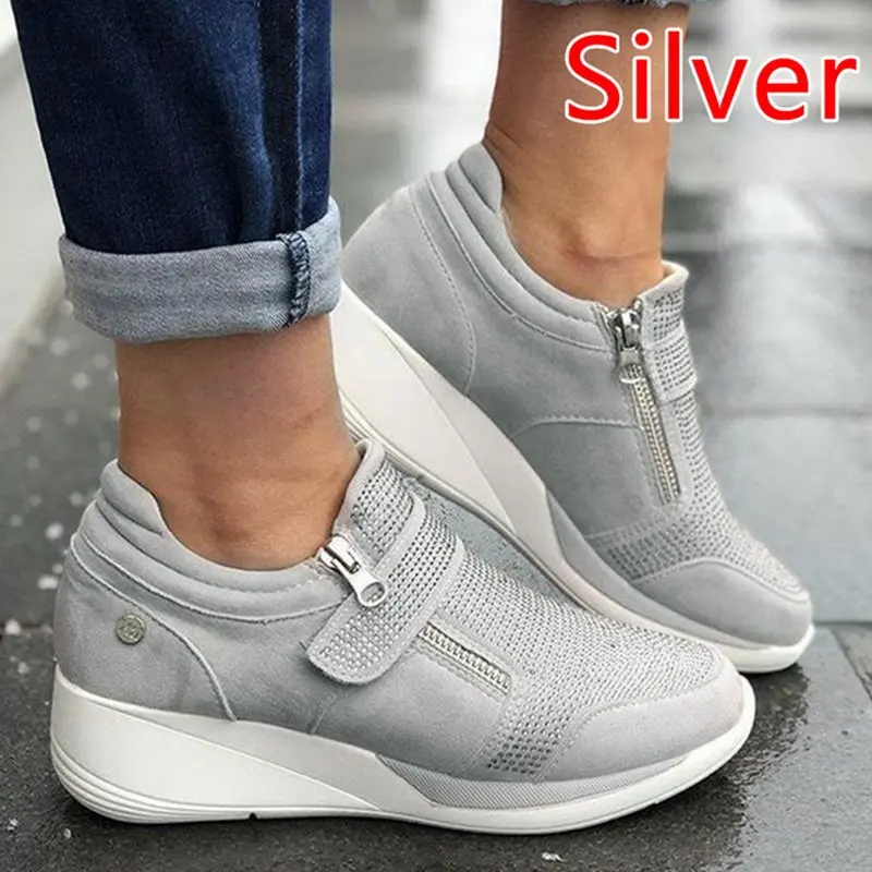 sliver HEFLASHOR Новое поступление; женские повседневные кроссовки из флока на высоком каблуке; дышащая обувь на платформе, увеличивающая рост - Цвет: sliver