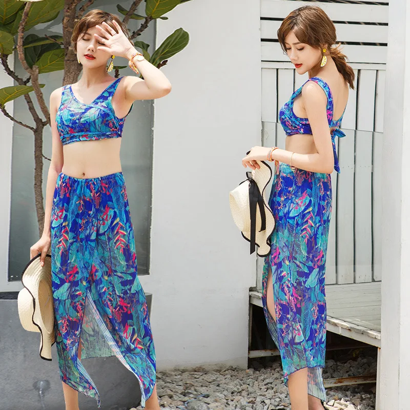 

Summer Bohemian Sexy Swimsuit Bikini Three Piece Set Plus-Size Skirt Fairy Fan Swimming Dress Beach Bathing Slimming Swimwear