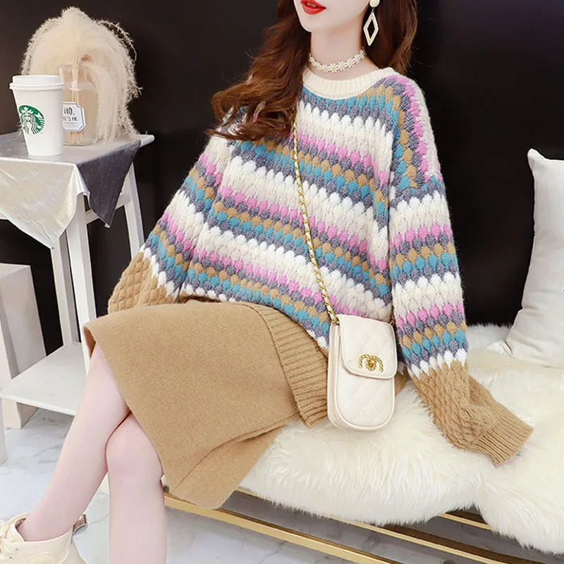 

Autumn 2021 New Fashion Temperament Knitting Suit Skirt Female O Neck Lantern Sleeve Sweater Two Piece Set Casual Sweet Knitwear