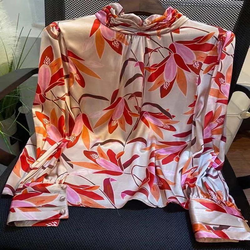 

Women Blouse Shirt 2021 Silk Bamboo leaf Print Vacation O-Neck Top Full Sleeve Vintage Long Sleeve Top Quality Runway
