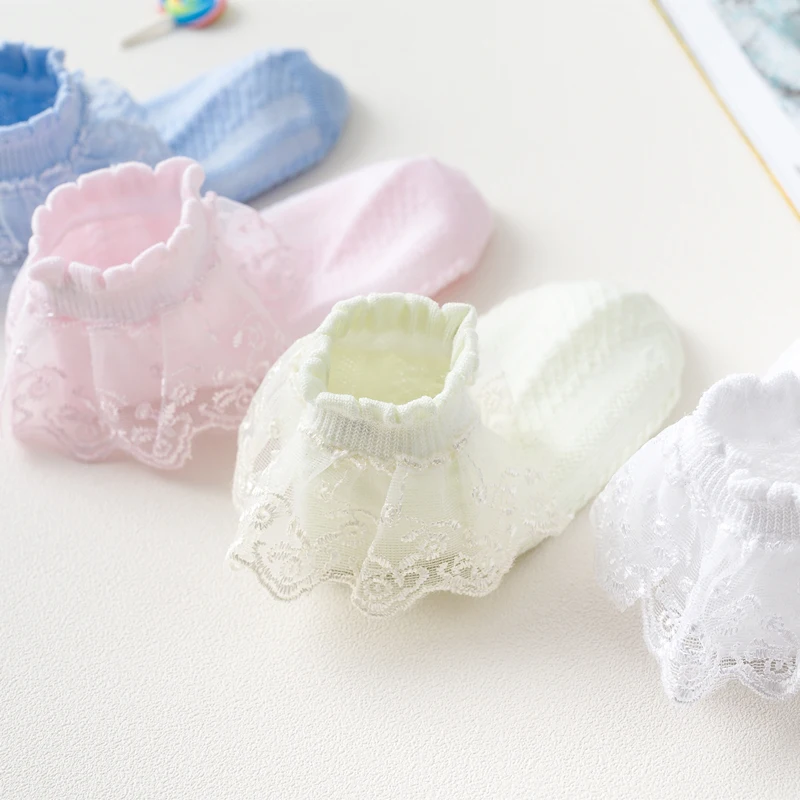 Calcetines de moda de verano para ni&ntilde;os, medias de algod&oacute;n con volantes para beb&eacute;s, bonitos, de dise&ntilde;ador, de encaje, color blanco y rosa-2