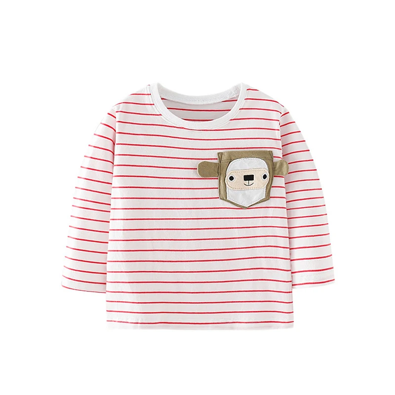 

Jumping Meters Girls Cute Cartoon Striped Pocket Monkey T-shirts Autumn Cotton Casual Crew Neck for Long Sleeve Top Baby Clothes
