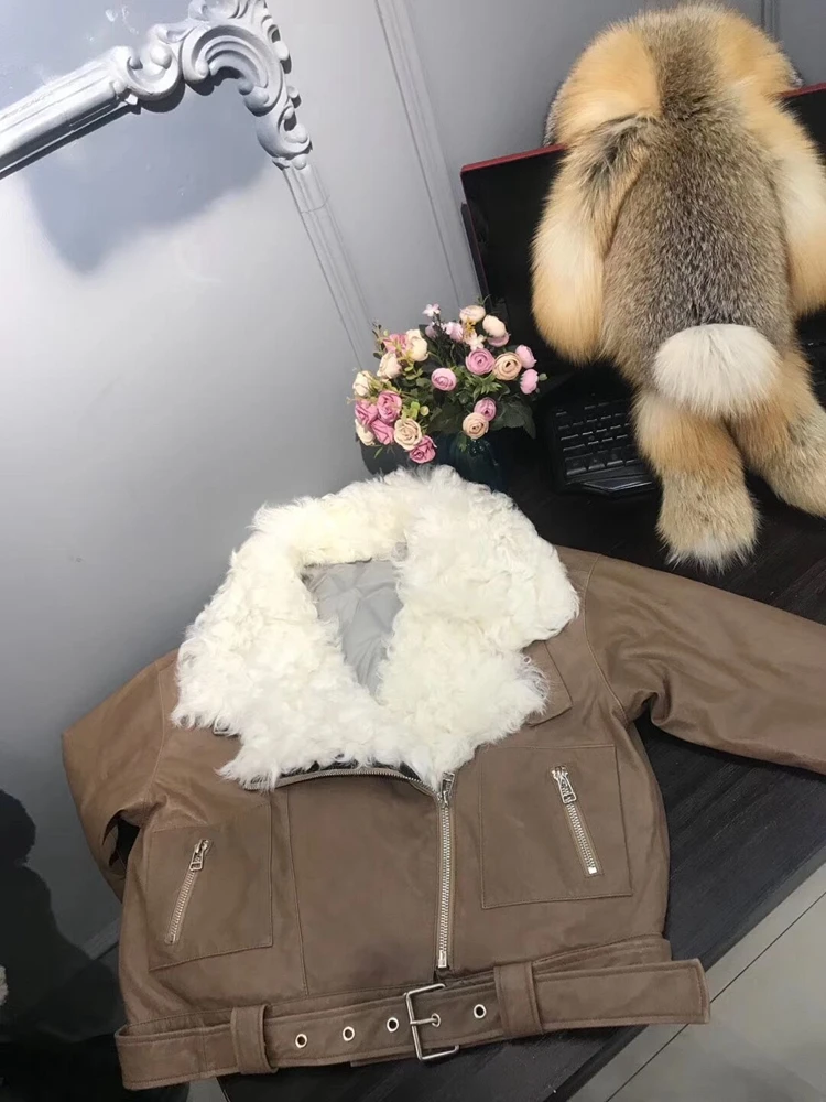 Женские пуховики из натуральной овечьей кожи, модные ветровки из овечьей кожи, женские куртки с меховым воротником