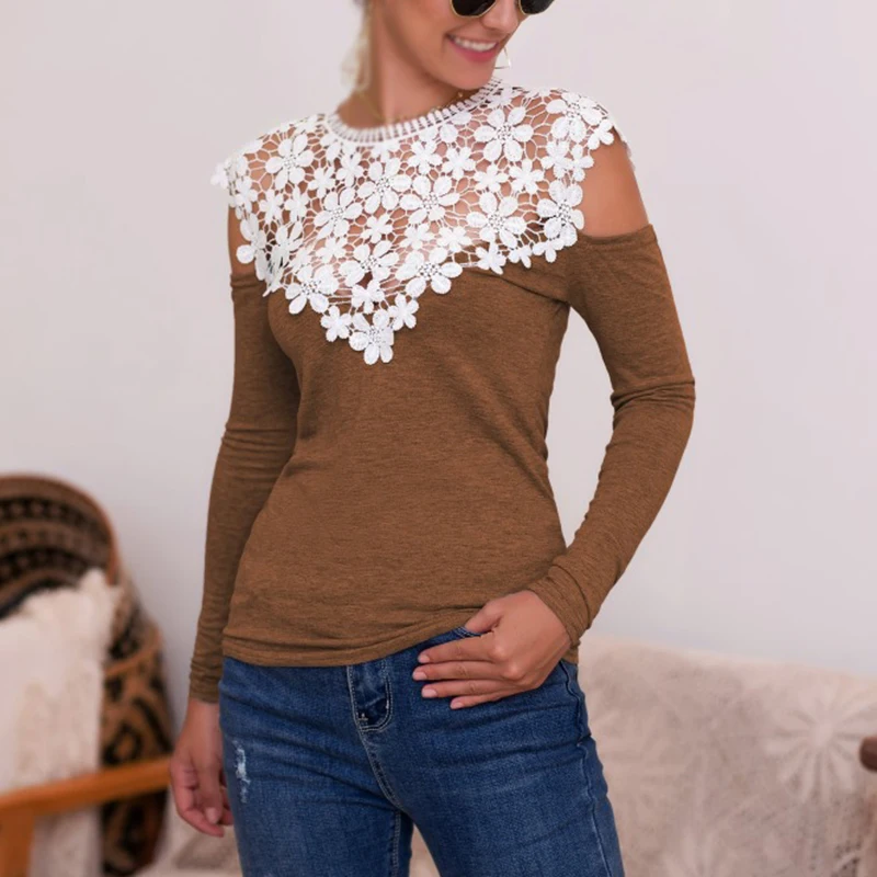 Женские топы вышитые кружева сшивание с длинным рукавом рубашки полые тонкие