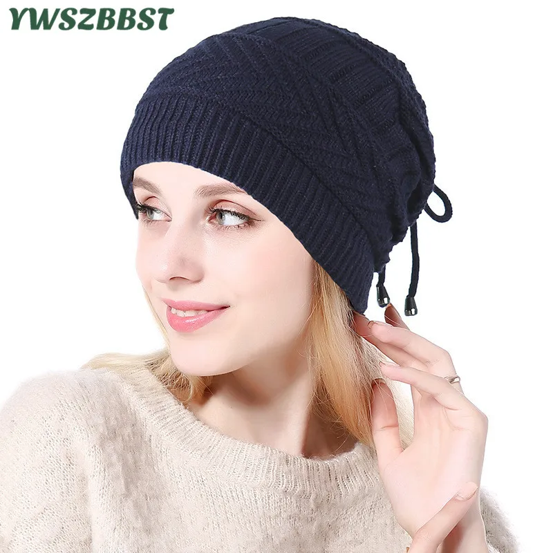 

New Spring Autumn Dual-use Wool Cap for Women with Rope Knitted Beanies Scarf Winter Velvet Warm Women Hat Head Cap