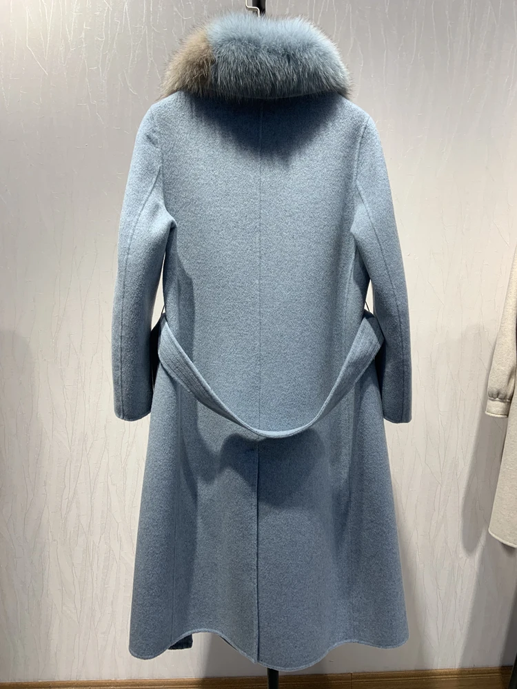 OFTBUY новое пальто из натурального меха лисы меховой воротник зимняя куртка женская Шерстяная Смесь тонкая Длинная Верхняя одежда с поясом женская уличная
