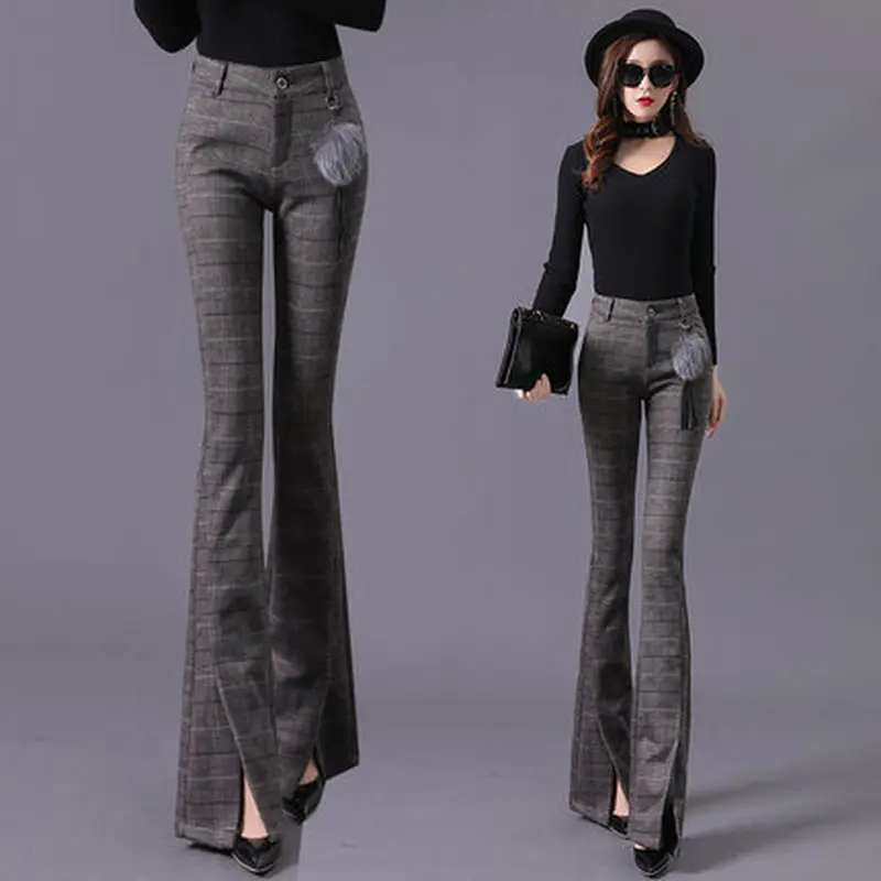 Брюки женские осенне-зимние 2019 шерстяные в клетку Уайлд высокая талия | Женская