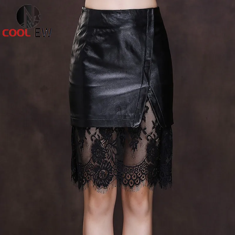 

Spring Autumn Women Sexy Wrap Skirt Sheepskin Genuine Leather Skirts Elegant Office Ladies Elegant Lace Spliced A Line Skirt 3XL