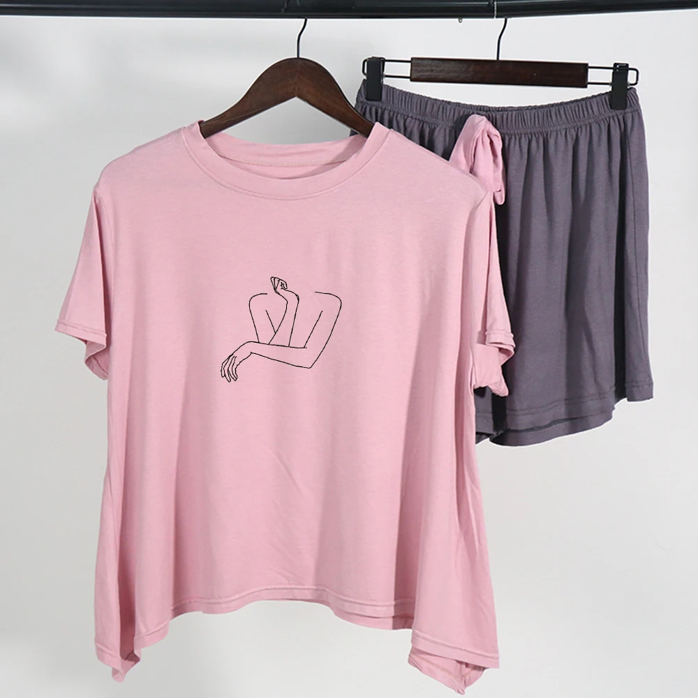 

Aesthetic Line Print Shorts for Women Tracksuits Sets Female Set 2 Pcs T-Shirt Ladies Summer Pants for Woman Modal Suits