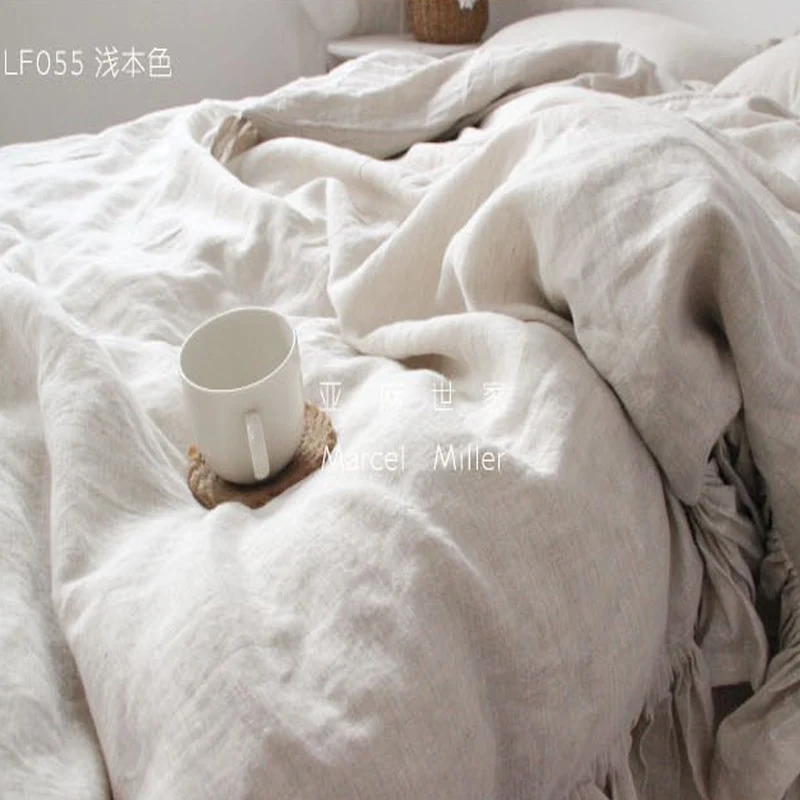 Льняная плоская простыня с двойными рюшами предварительно вымытая супер мягкая