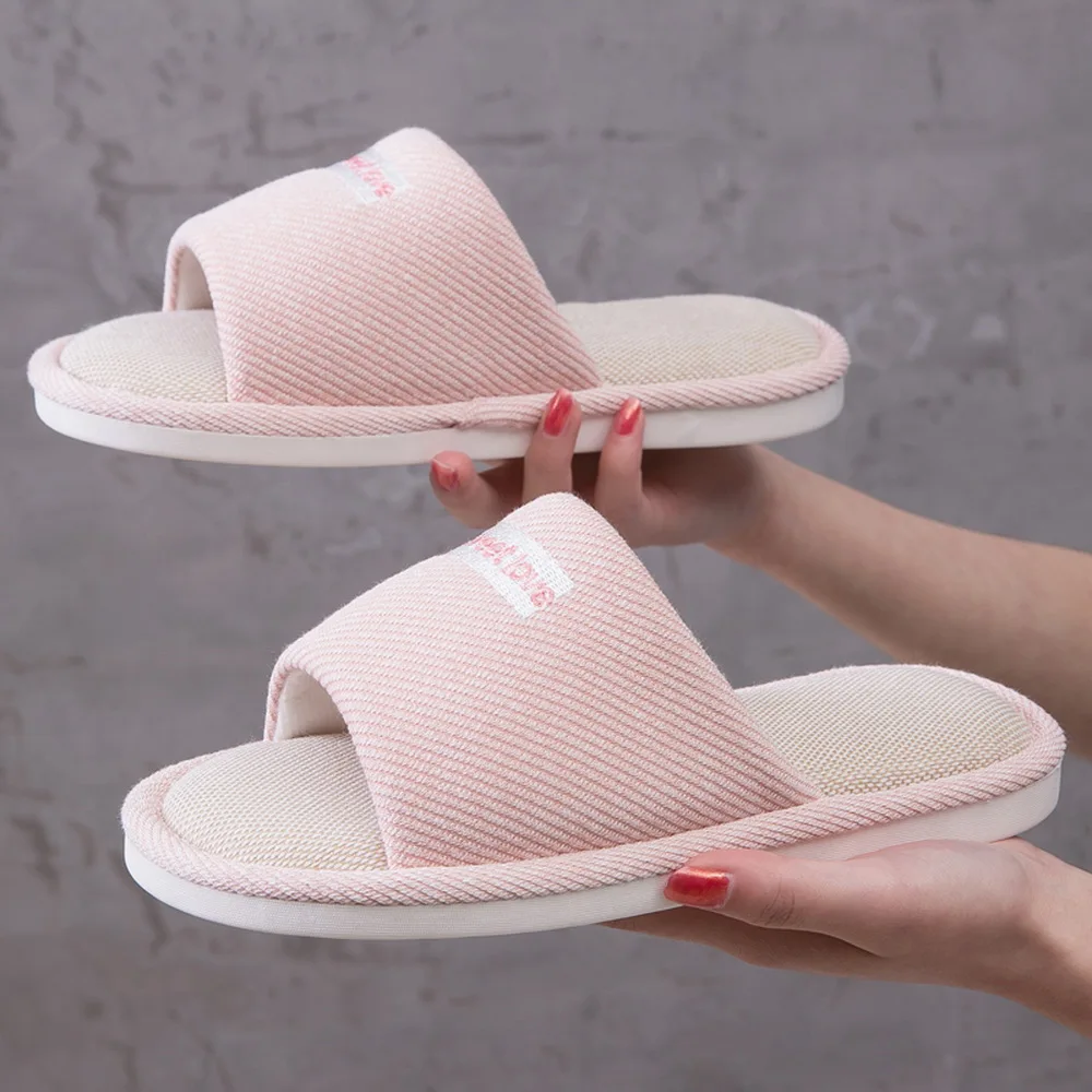 

Women Indoor Slippers Floor Flat Shoes Solid Color Anti-slip Home Flax Linen Sandals Men Woman House Slippers Cotton Slides
