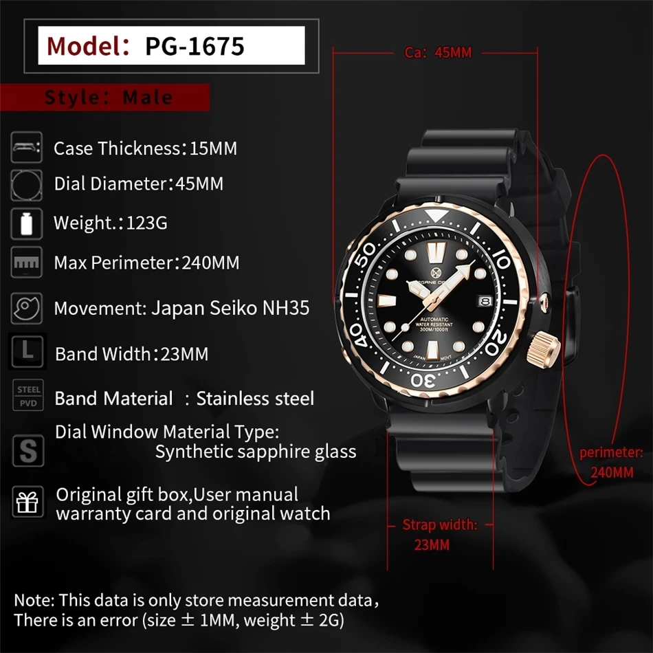 

PAGRNE DESIGN Diver Mens Wristwatch NH35 Mechanical Watches Sapphire Crystal Clock Top Brand 300M Waterproof Automatic Watch Men
