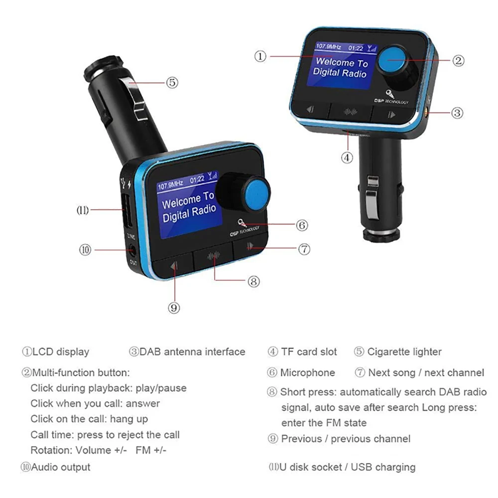 Автомобильный Bluetooth DAB + цифровой радиоприемник HD громкой связи FM передатчик