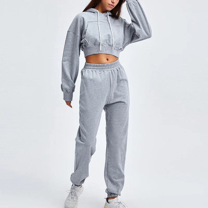 

Women Pocket Two Picece Set Sportwear Hooded Outfits Drawatring Pullover Cropped Sweatshirt and Elastic Harem Free Shipping